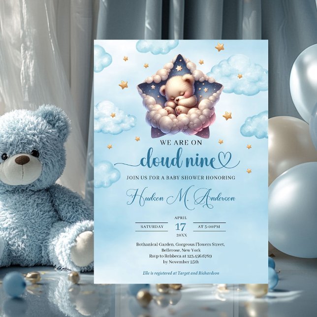 Cloud nine teddy bear Boy Baby Shower Invitation (we are on cloud nine sleeping teddy bear boy baby shower invitation)