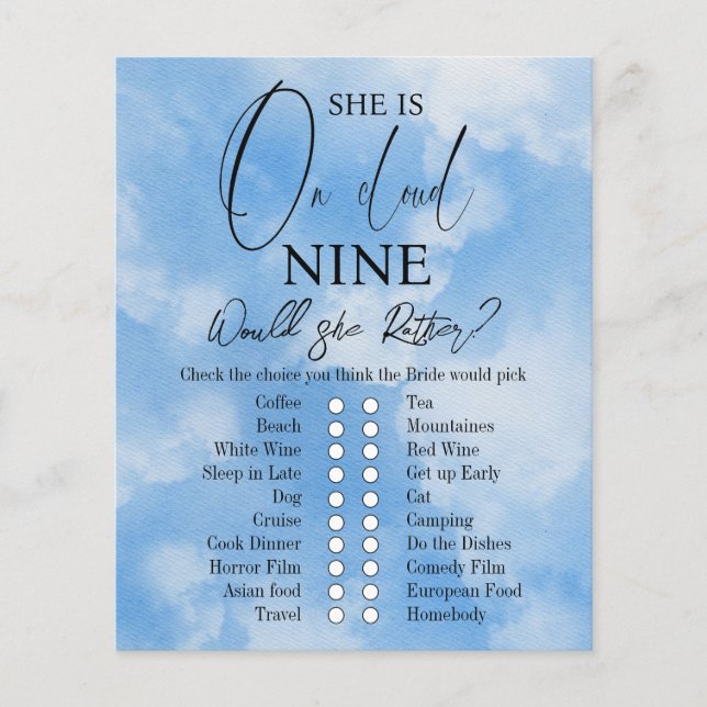 Cloud Nine Watercolor Sky Blue Bridal Shower Game (Front)