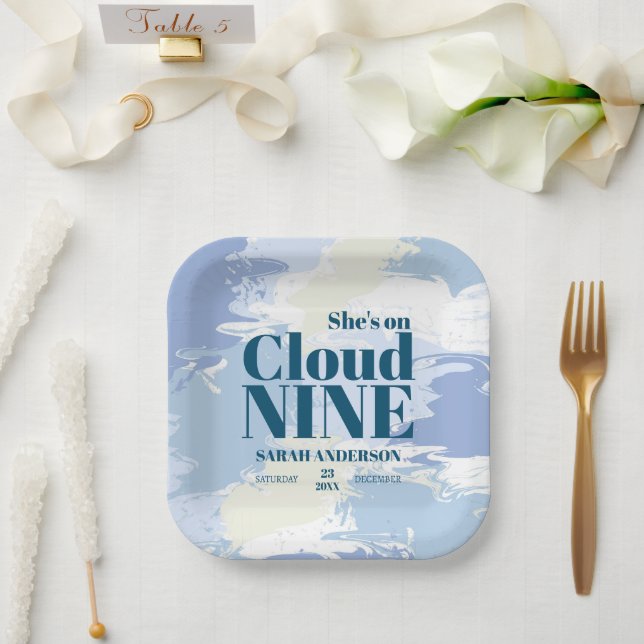 Cloud Nine Whimsical Artsy Blue Bridal Shower Paper Plate (Wedding)