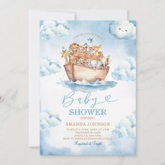 Cloud Noah's Ark Light Blue Baby Shower Invitation