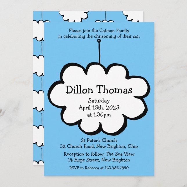 Cloud on a String Christening Baptism Invitation (Front/Back)