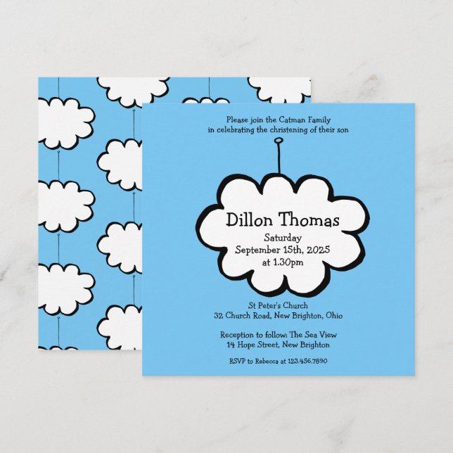 Cloud on a String Christening Invitation (Front/Back)