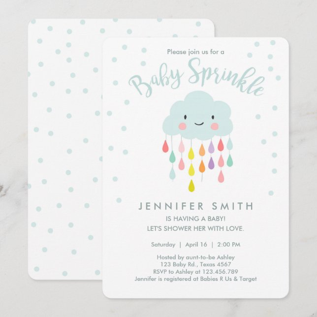 Cloud Raindrops Rainbow Neutral Baby Sprinkle Invitation (Front/Back)