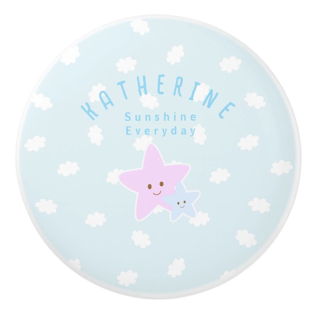 Cloud Stars Baby Pastel Blue Ceramic Knob (Front)
