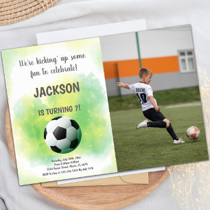 Cloud Yellow and green Soccer Birthday photo Invitation