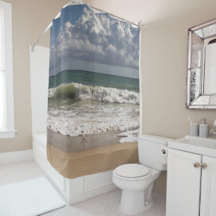 Clouds above the ocean and sandpiper bird shower curtain