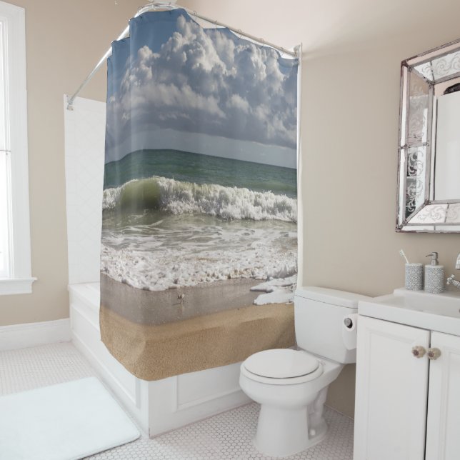 Clouds above the ocean and sandpiper bird shower curtain (In Situ)