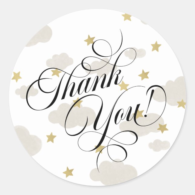 Clouds and Gold Stars | Thank You Script Classic Round Sticker (Front)