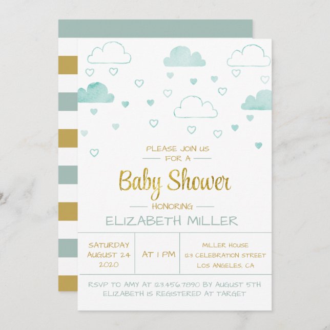 Clouds and Hearts Blue and Gold Baby Shower Invitation (Front/Back)