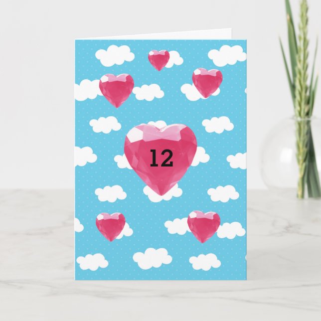 Clouds and Pink Heart Gems 12th Birthday Card (Front)
