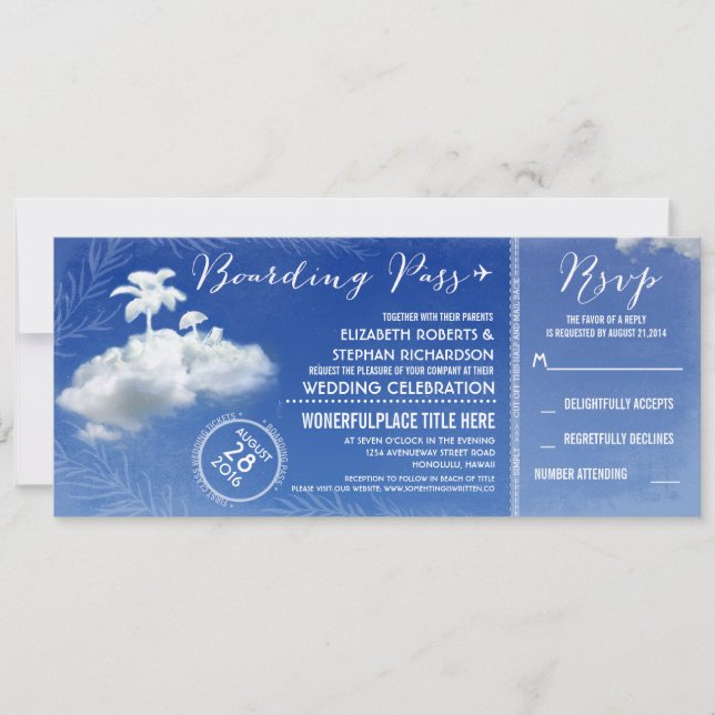 Clouds Beach Boarding Pass Wedding Tickets Invites (Front)