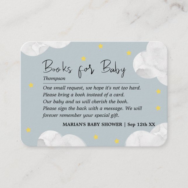  Clouds Blue Grey Boy Books Baby Shower Business Card (Front)