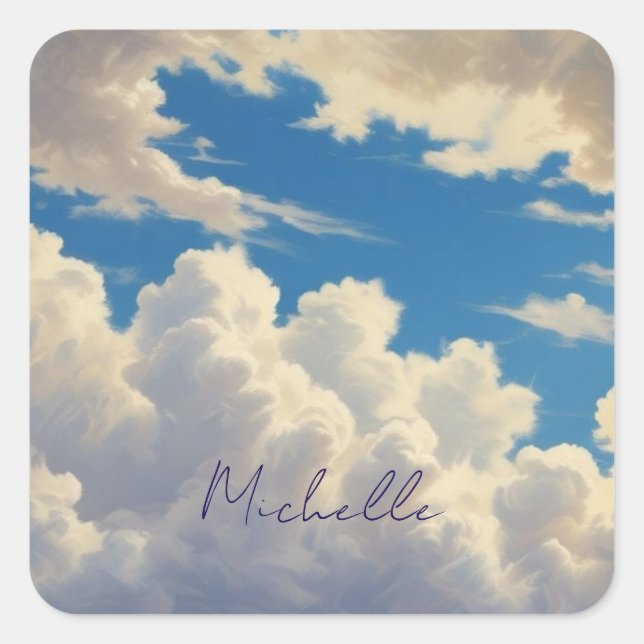 Clouds Blue Sky Plain Modern Own Name Calligraphy Square Sticker (Front)