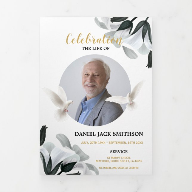 Clouds Celebration of Life Photo Obituary Mens Tri-Fold Invitation (Cover)