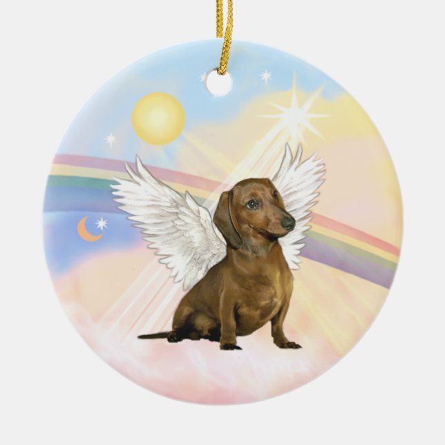 Clouds - Dachshund Angel (brown) Ceramic Tree Decoration (Front)