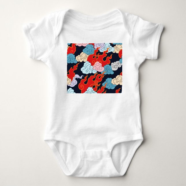 Clouds, Flames: Black Vintage Pattern. Baby Bodysuit (Front)