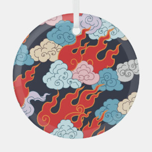 Clouds, Flames: Black Vintage Pattern. Glass Tree Decoration