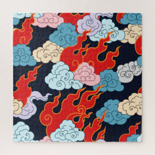 Clouds, Flames: Black Vintage Pattern. Jigsaw Puzzle