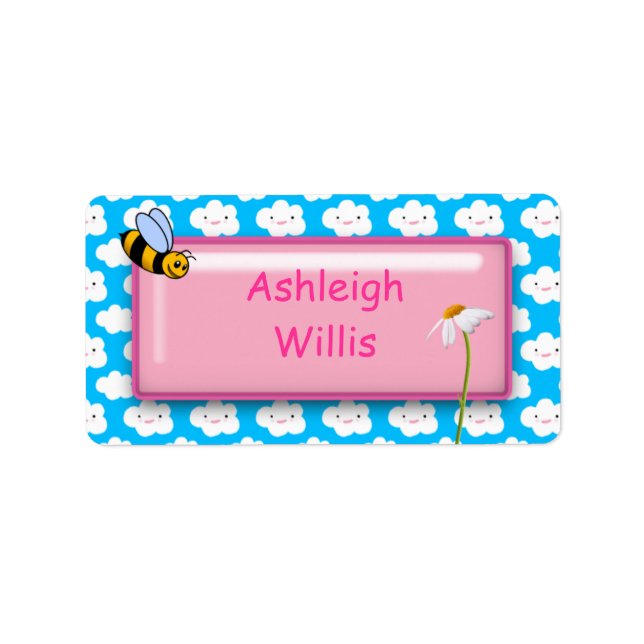Clouds Flower and Bee - Girls School Name Labels (Front)
