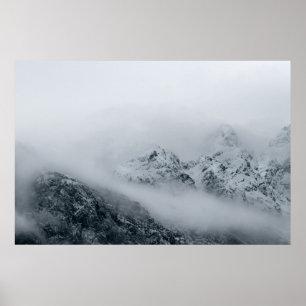 Clouds flowing over mountains poster