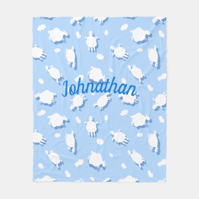 Clouds & Fluffy (Blue) Lambs Custom Fleece Blanket (Front)