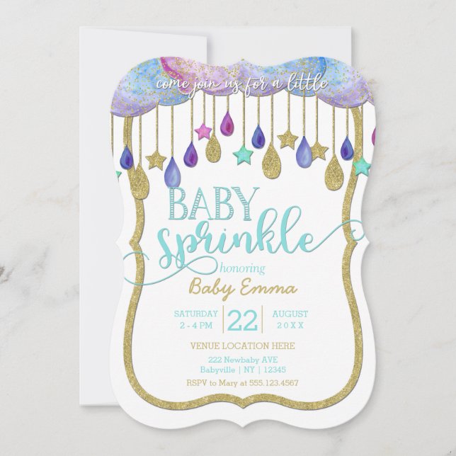 Clouds Gold Stars Sprinkle Baby Shower Invitation (Front)