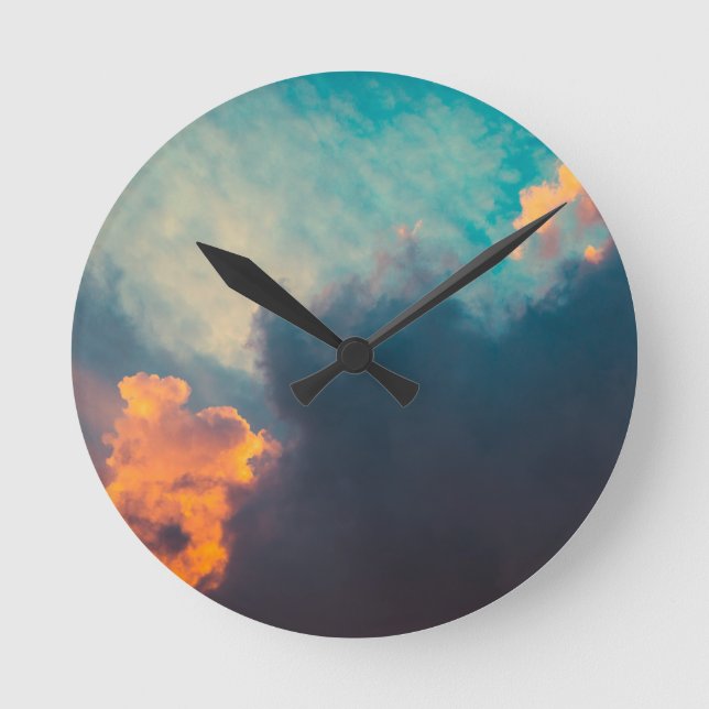 Clouds illuminated and rising sun round clock (Front)