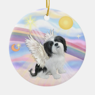 Clouds - Lhasa Apso (black-white) Ceramic Tree Decoration