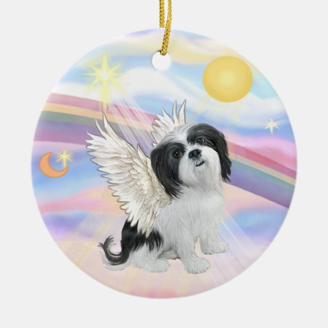 Clouds - Lhasa Apso (black-white) Ceramic Tree Decoration (Front)