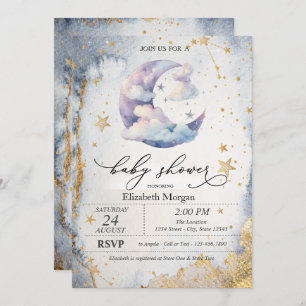 Clouds Moon,Stars Watercolor Baby Shower  Invitation
