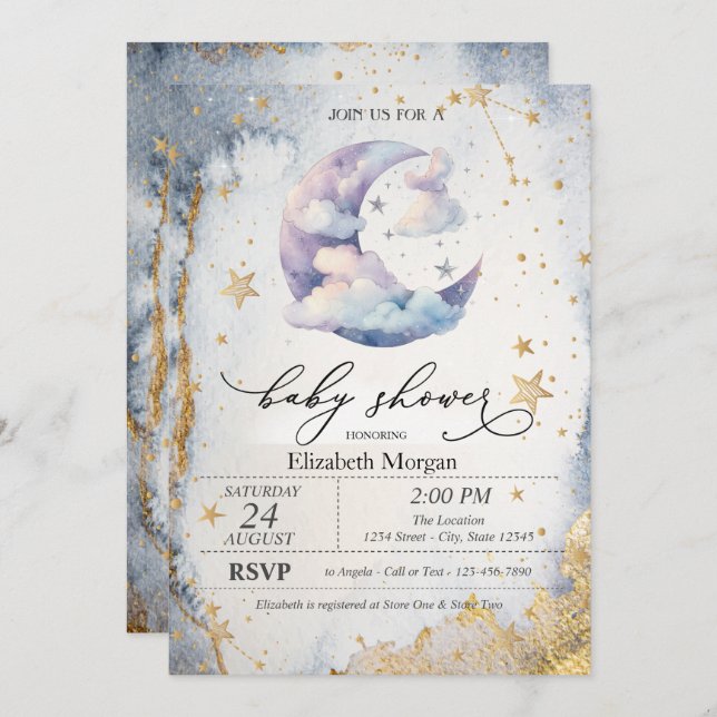 Clouds Moon,Stars Watercolor Baby Shower  Invitation (Front/Back)