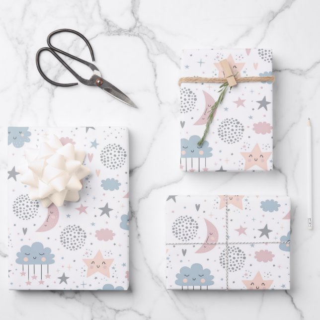 Clouds Moon Stars Wrapping Paper Sheet (Front)