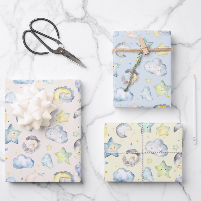Clouds, Moons and Stars for Baby Wrapping Paper Sheet (Front)