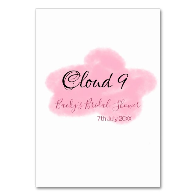 Clouds nine red pastel bridal shower namedate table number (Front)