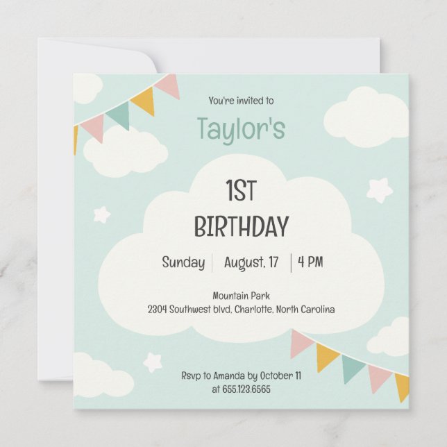 Clouds party flags baby first birthday invitation (Front)