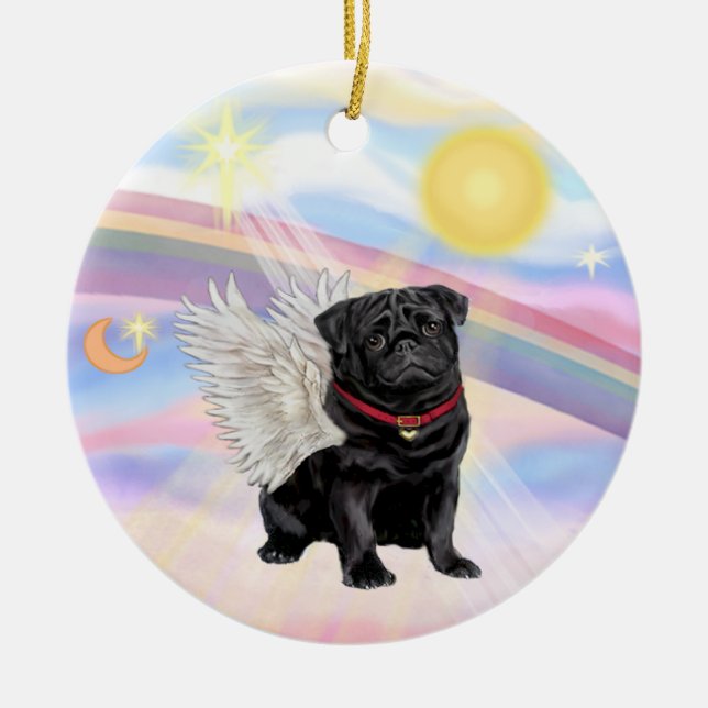 Clouds - Pug Angel (black) Ceramic Tree Decoration (Front)