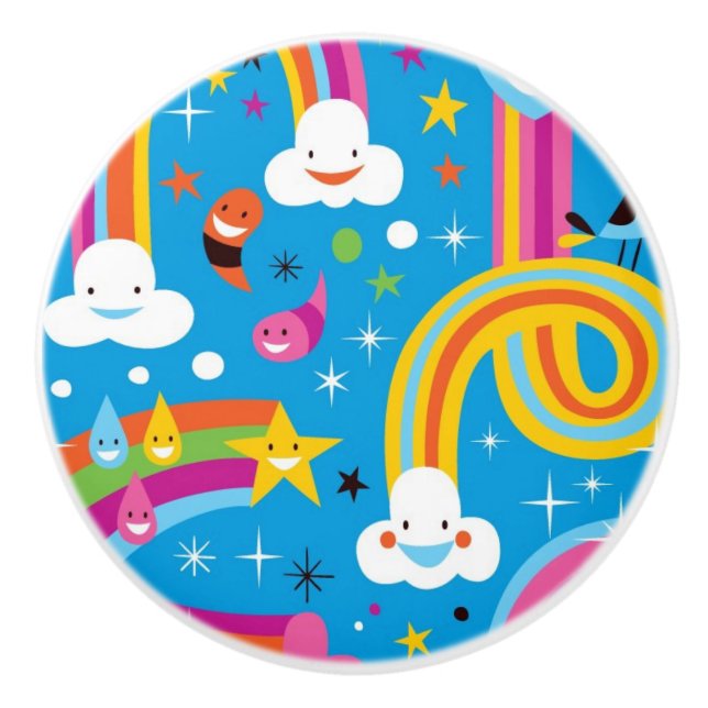 clouds rainbows rain drops hearts pattern ceramic knob (Front)