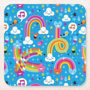 clouds rainbows rain drops hearts pattern square paper coaster