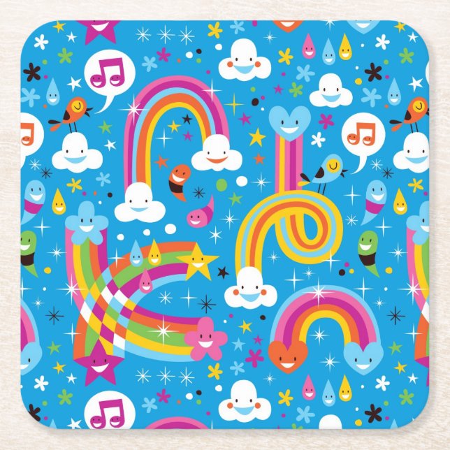 clouds rainbows rain drops hearts pattern square paper coaster (Front)