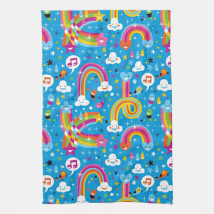 clouds rainbows rain drops hearts pattern tea towel