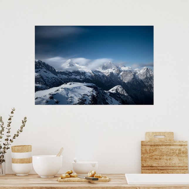 Clouds rolling above snowy mountains poster (Kitchen)