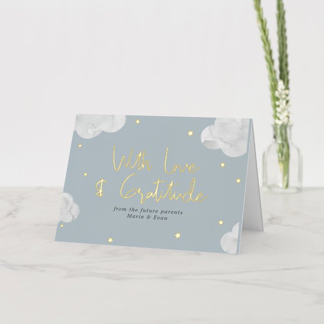 Clouds Stars Blue Grey Boy Baby Shower Thank you Foil Greeting Card (Flower)
