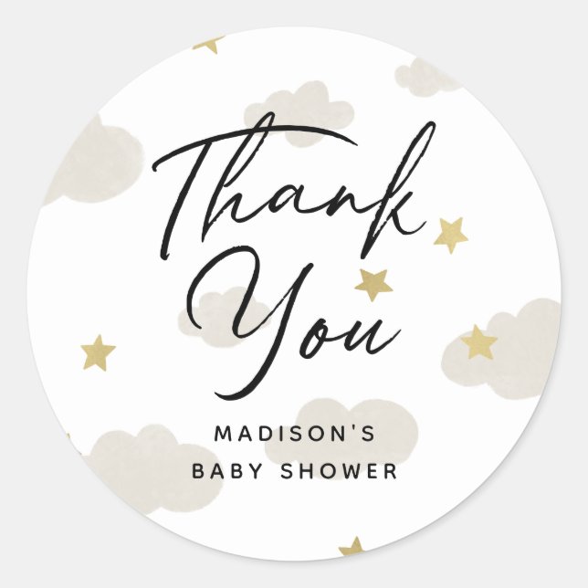 Clouds Stars Gold Thank You Baby Shower Classic Round Sticker (Front)