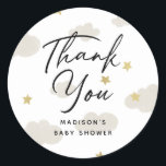 Clouds Stars Gold Thank You Baby Shower Classic Round Sticker<br><div class="desc">Featuring modern brush script with our illustration of drawn clouds,  accented with faux gold foil stars.</div>