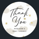 Clouds Stars Gold Thank You Baby Shower Classic Round Sticker<br><div class="desc">Featuring modern brush script with our illustration of drawn clouds,  accented with faux gold foil stars.</div>