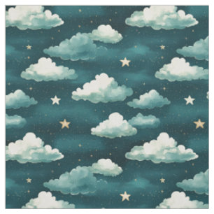 Clouds & Stars on a Dark Teal Background Fabric