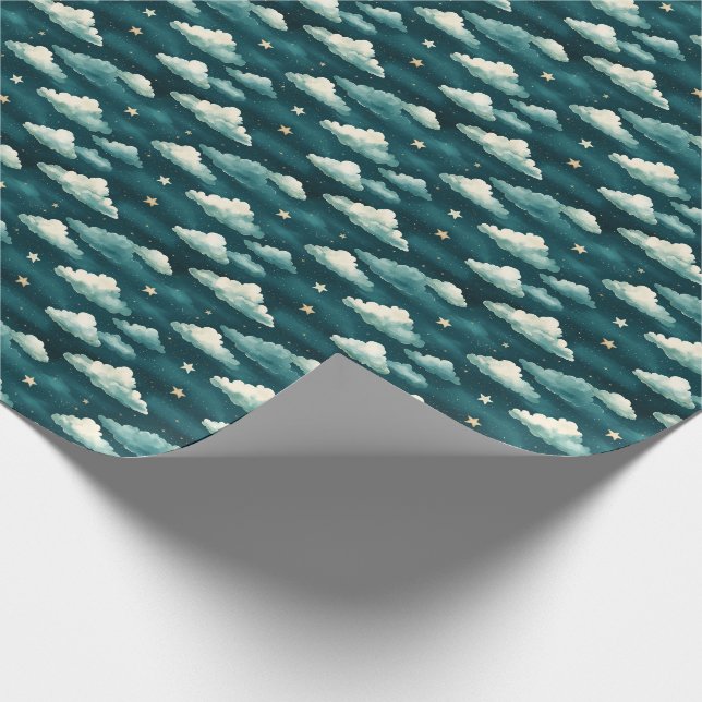 Clouds & Stars on a Dark Teal Wrapping Paper (Corner)
