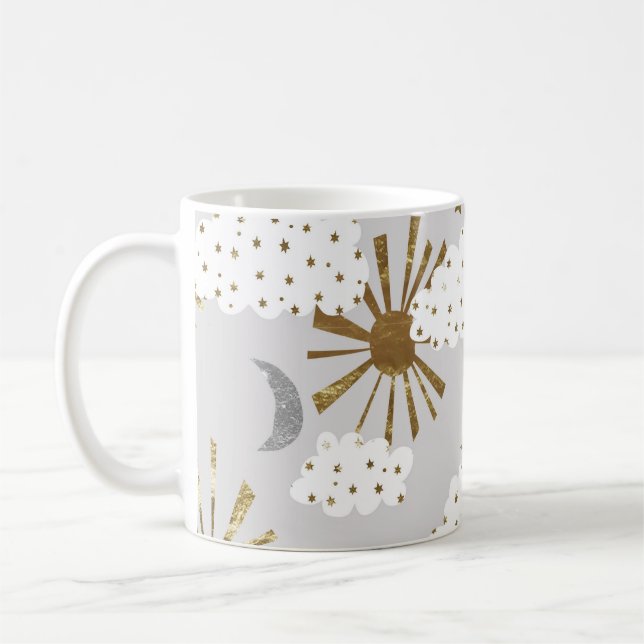 Clouds, sun, and moon, minimalistic pattern. coffee mug (Left)