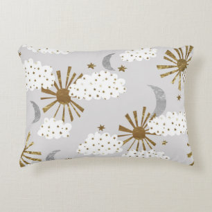 Clouds, sun, and moon, minimalistic pattern. decorative cushion