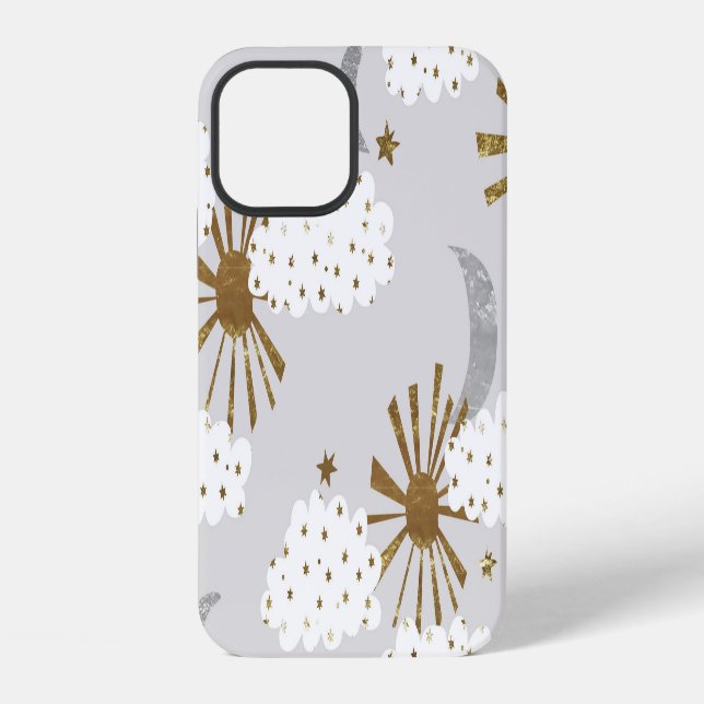Clouds, sun, and moon, minimalistic pattern. iPhone case (Back)